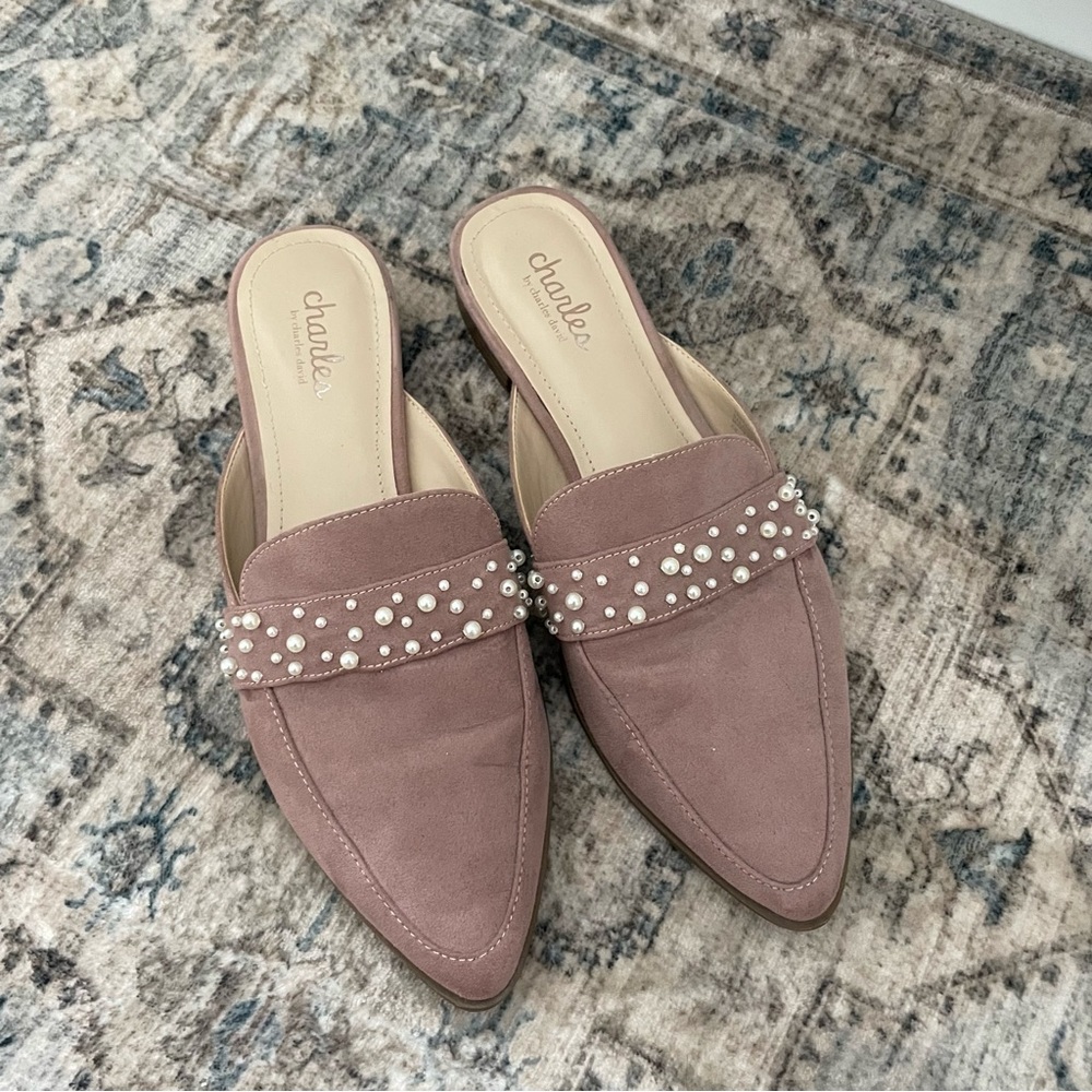 *SOLD* Charles David dusty pink faux suede pear mules 6.5